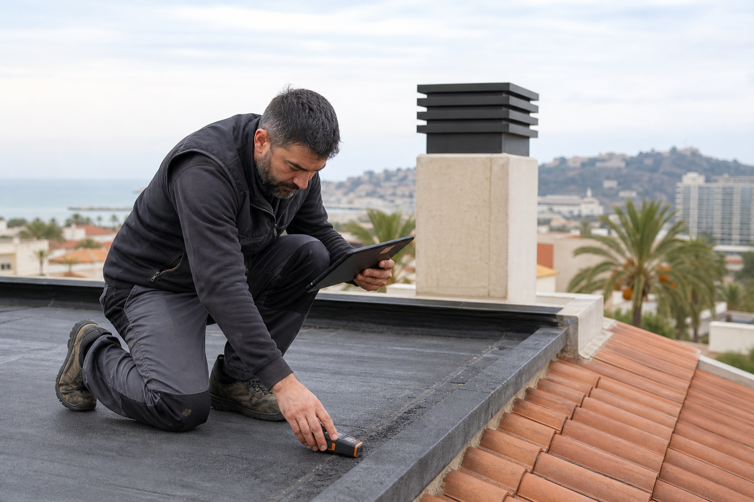 Técnico inspeccionando una cubierta en Gandia con tablet y medidor de humedad